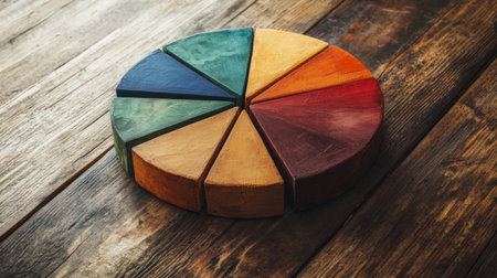 A beautifully arranged vibrant wooden color wheel resting on a rustic wooden surface, perfect for inspiring creativity in art and design projects.の素材