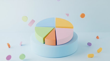 Vibrant and playful depiction of a pie chart surrounded by colorful geometric shapes, perfect for illustrating business concepts, data visualization, or educational materials.の素材