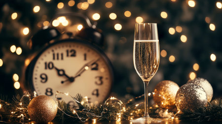 Celebrate the arrival of the New Year with this elegant scene featuring a glass of sparkling champagne, a vintage clock, and twinkling lights creating a magical atmosphere.の素材