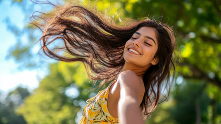 A joyful young woman with flowing hair beams with happiness in a natural outdoor setting, embracing the beauty of a bright sunny day filled with vibrant greenery.の素材