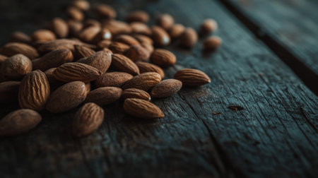 This close-up image features a heap of raw almonds on a dark wooden surface, showcasing their intricate texture and earthy tones, perfect for health-conscious food imagery.の素材