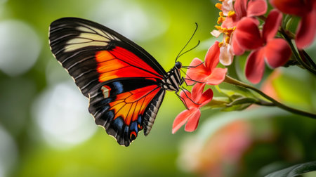 A stunning image of a colorful butterfly resting on bright flowers, capturing the intricate details of nature's beauty in a serene garden environment.の素材