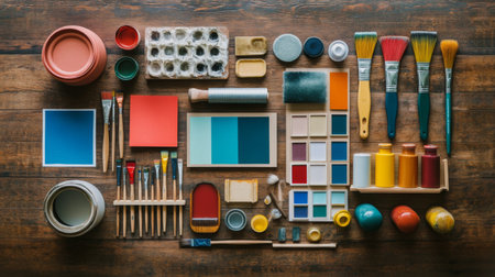 Explore a visually captivating flatlay of art supplies featuring brushes, paints, palettes, and color swatches artistically arranged on a rustic wooden surface.の素材