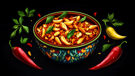 A visually appealing bowl filled with spicy chili peppers and nuts, surrounded by fresh herbs, showcasing the vibrant colors and textures of gourmet cooking. Perfect for culinary inspiration.の素材