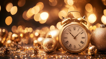 This stunning image features a vintage golden clock surrounded by shimmering ornaments and warm bokeh lights, perfect for holiday celebrations and capturing festive moments.の素材