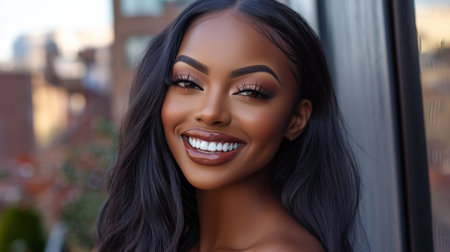 A cheerful young woman with stunning features and a captivating smile represents joy and self-confidence in a vibrant urban environment, radiating positivity and warmth.の素材