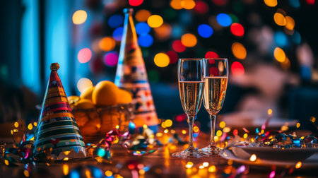A beautifully arranged table featuring two glasses of sparkling champagne, colorful party hats, and bright bokeh lights, creating a warm and festive atmosphere for celebrations.の素材