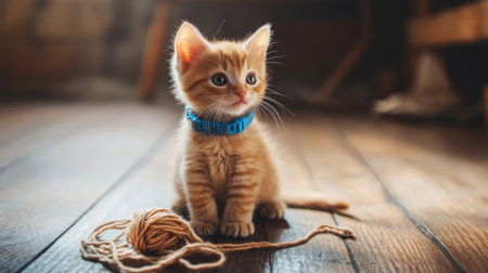 A charming ginger kitten wearing a blue collar sits on a wooden floor, gazing curiously at a twisted string nearby, basking in warm sunlight.の素材