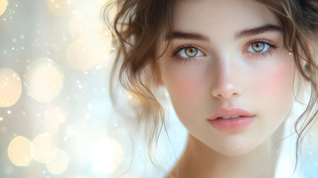This stunning close-up portrait showcases a young woman with captivating features, illuminated by soft bokeh lights that enhance her ethereal beauty.の素材
