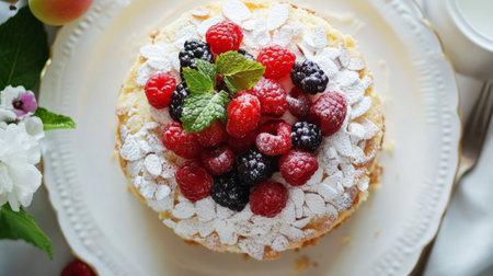 A beautifully presented berry cake featuring a mix of fresh raspberries and blackberries, topped with powdered sugar and almonds, perfect for summer events and gatherings.の素材