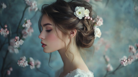 A stunning portrait of a young woman adorned with flowers in her hair, highlighting beauty and grace against a soft, floral background that evokes tranquility and elegance.の素材