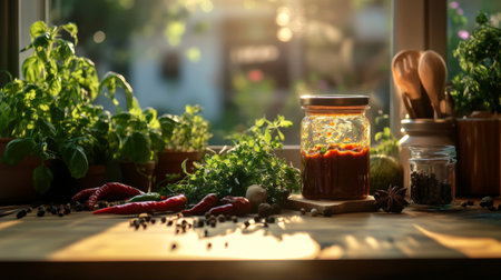 A sunlit kitchen scene featuring fresh ingredients, spices, and a jar of homemade sauce, capturing the essence of culinary artistry and vibrant flavors.の素材