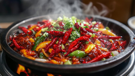 A mouthwatering display of Szechuan chicken stir-fry featuring red chilies, fresh herbs, and vivid vegetables in a sizzling hot pot, with steam wafting enticingly.の素材