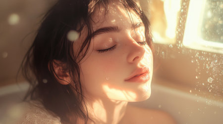 A tranquil scene featuring a young woman enjoying a peaceful moment in a bathtub. Soft light and water droplets create a serene and fresh atmosphere perfect for self-care themes.の素材