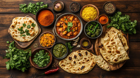 Discover a vibrant and richly detailed Indian cuisine spread featuring chicken curry, naan, and an assortment of colorful spices and fresh herbs, perfect for food enthusiasts.の素材