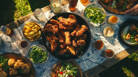 Enjoy a delightful outdoor picnic scene featuring an array of crispy fried chicken, fresh salads, and refreshing drinks, capturing the essence of summer gatherings and shared moments.の素材