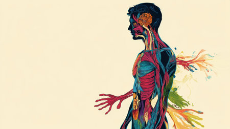 This vibrant illustration showcases a detailed view of human anatomy, highlighting muscles, veins, and organs with colors that enhance understanding of body systems for educational purposes.の素材
