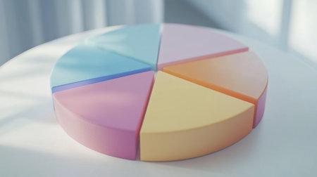 A vibrant pie chart model featuring pastel shades, elegantly placed on a white table, perfect for illustrating data visualization concepts in educational or business contexts.の素材