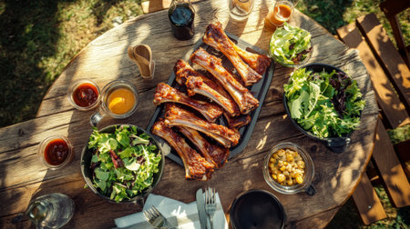 A tempting setup showcasing grilled ribs accompanied by fresh salads and sauces on a rustic table, perfect for outdoor gatherings and summer feasts.の素材