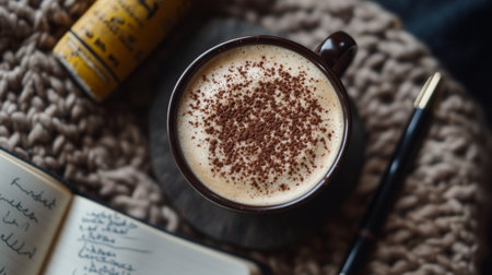 A top-down view of a cozy coffee cup topped with creamy froth and chocolate sprinkle, set on a knitted surface next to a notepad and pen, evoking warmth and relaxation.の素材