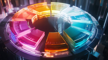 Dynamic and vibrant circular design with segmented elements, reflecting a high-tech atmosphere ideal for abstract backgrounds or modern digital concepts.の素材