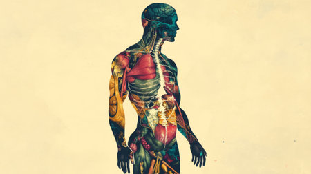 Vibrant anatomical illustration showcasing the human body with intricate details of muscles, organs, and systems. Ideal for educational purposes and health-related designs.の素材