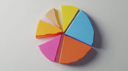 Vibrant paper segments arranged in a pie chart style create an engaging visual for business or educational themes, ideal for creative projects and presentations.の素材