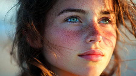 A captivating portrait showcasing a young woman with freckles and bright blue eyes. The natural light enhances her serene expression and flowing hair, creating a moment of beauty.の素材
