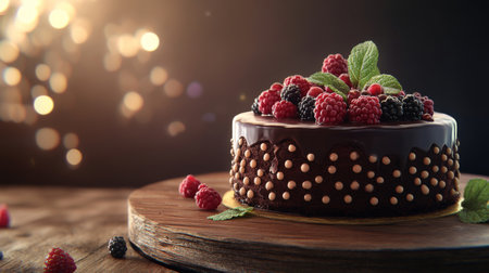 A stunning chocolate cake adorned with vibrant berries and mint leaves, set against a rustic background with soft bokeh lighting, perfect for dessert enthusiasts.の素材