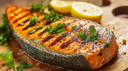 A beautifully grilled salmon steak topped with fresh herbs and served with lemon slices, showcasing vibrant colors and textures for a healthy meal choice.の素材
