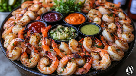 A vibrant display of grilled shrimp arranged beautifully on a platter, accompanied by a selection of delicious sauces, ideal for gatherings and food photography.の素材