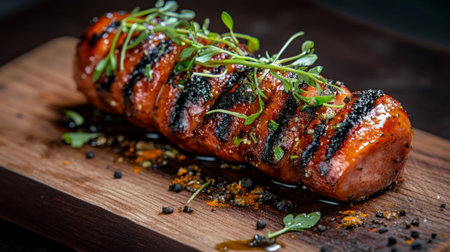 A beautifully grilled piece of meat presented on a rustic wooden platter, adorned with fresh herbs and seasoning, perfect for showcasing culinary excellence in any food-related project.の素材