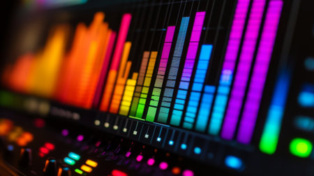 A mesmerizing equalizer display showcasing vibrant colors and varying bar heights, symbolizing sound frequencies and the energy of modern digital music production.の素材