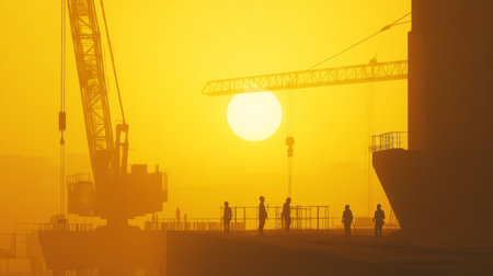 A captivating scene of silhouetted construction workers at sunset, showcasing teamwork and industry with a vibrant orange sky and a tower crane in the backdrop.の素材