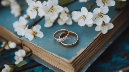 Two elegant wedding rings rest on an open vintage book surrounded by delicate white flowers, creating a romantic and enchanting atmosphere perfect for celebration and memories.の素材