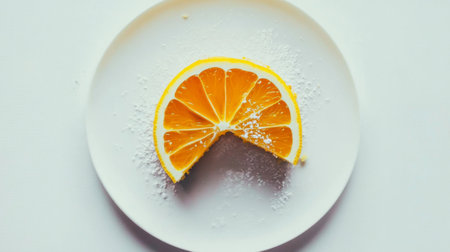 A beautifully arranged orange slice rests on a white plate, lightly dusted with sugar, showcasing its juicy segments and vibrant color ideal for culinary presentations.の素材
