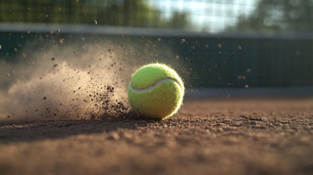 A vivid capture of a tennis ball striking a clay court, surrounded by dust, illustrating the dynamic energy and motion of the sport in an outdoor setting.の素材