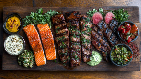 An exquisite meat platter displaying perfectly grilled steak and salmon, garnished with fresh herbs and colorful sauces, ideal for food photography and gourmet dining scenes.の素材