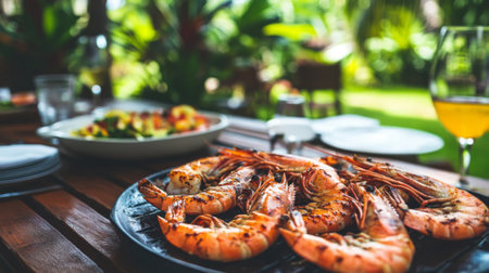 A visually appealing platter of freshly grilled shrimp, placed in a tropical setting, creating an inviting ambiance perfect for culinary enjoyment and outdoor dining experiences.の素材