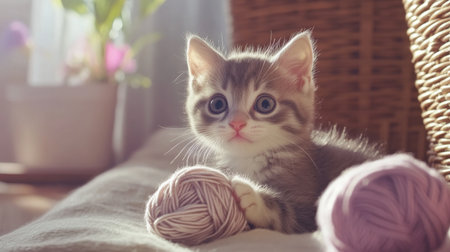 A charming kitten with striking blue eyes frolics with soft yarn balls in a welcoming indoor space, radiating warmth and joy amidst gentle light and cozy surroundings.の素材