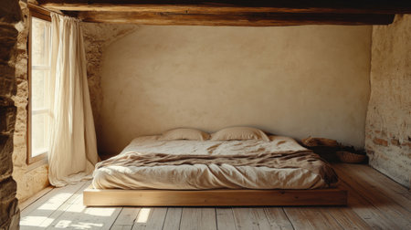 A serene and cozy bedroom featuring a minimalist design, natural light, and wooden elements. This space invites relaxation and tranquility, perfect for modern home decor inspiration.の素材