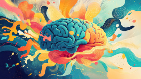 This captivating artwork features a brain emerging amidst vibrant colors and energetic swirls, representing creativity, intelligence, and the complexities of human thought in a unique abstract style.の素材