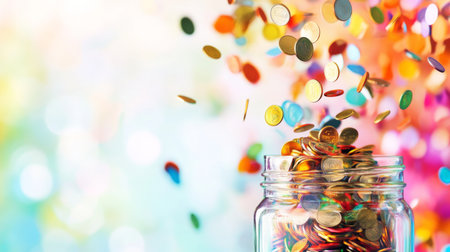 A dynamic image of colorful coins cascading into a glass jar, captivating the essence of wealth and joy, set against a vibrant and cheerful blurred backdrop.の素材