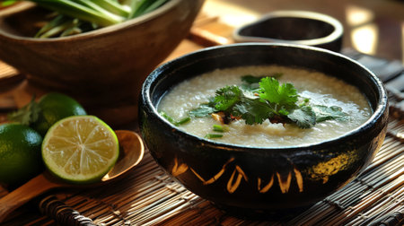 Delight in a bowl of warm rice porridge topped with fresh cilantro and a squeeze of lime, creating a comforting and vibrant culinary experience on a charming bamboo mat.の素材