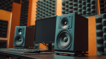 A modern audio production studio showcasing a computer monitor flanked by professional studio speakers, designed for optimal sound quality and creativity.の素材