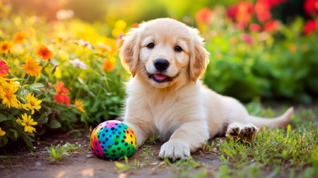 A lively golden retriever puppy enjoys a sunny day in a vibrant garden, playing with a colorful ball. This scene captures the joy and innocence of youthful pets in nature.の素材