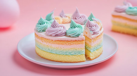 A beautifully layered cake featuring pastel frosting, perfect for celebrations and special occasions. Its vibrant colors and delightful design create an enticing dessert display.の素材
