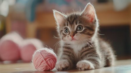 This charming kitten with striking blue eyes is enjoying playtime with a soft yarn ball in a cozy indoor setting, radiating joy and innocence, perfect for pet lovers.の素材
