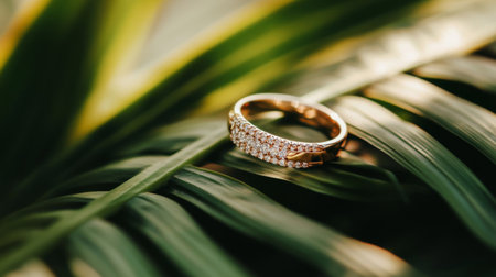 A stunning gold ring adorned with sparkling diamonds set against lush green palm leaves, creating a luxurious and elegant jewelry display and a nature-inspired aesthetic.の素材