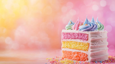 A vibrant, colorful layered cake topped with frosting and sprinkles, perfect for celebrations. This sweet treat radiates joy and adds charm to any festive occasion.の素材